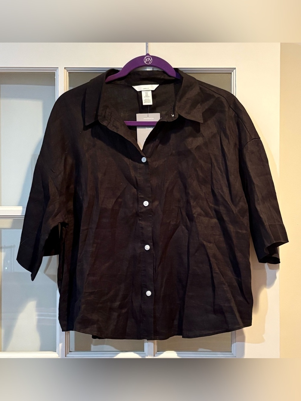 H&M Linen Blend Black Short Sleeve Button-Down Shirt Size Medium NWT